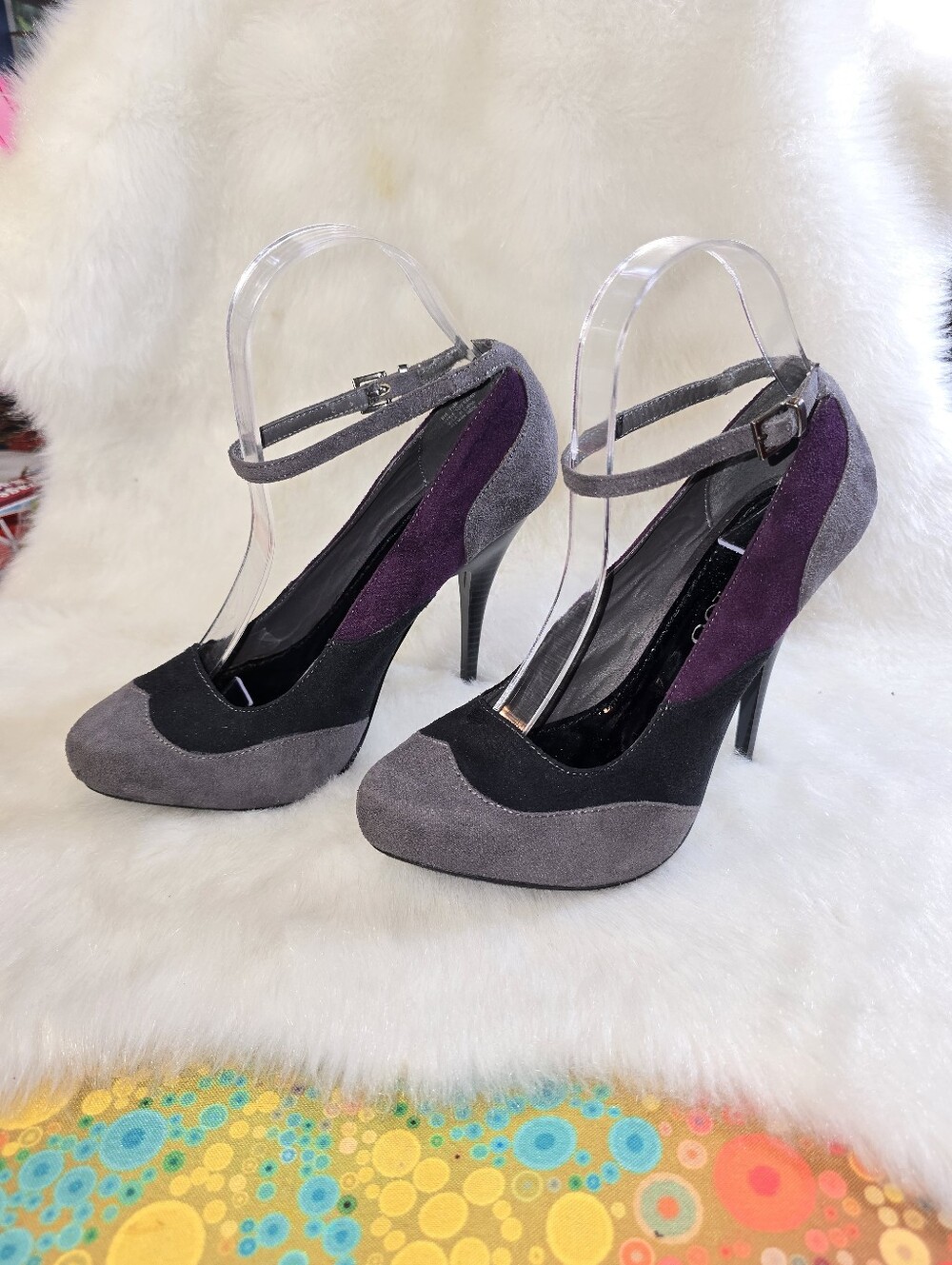2 Lips Too "Too Ebony" Three-Tone Suede Ankle-Strap Pumps in Purple/Gray/Black